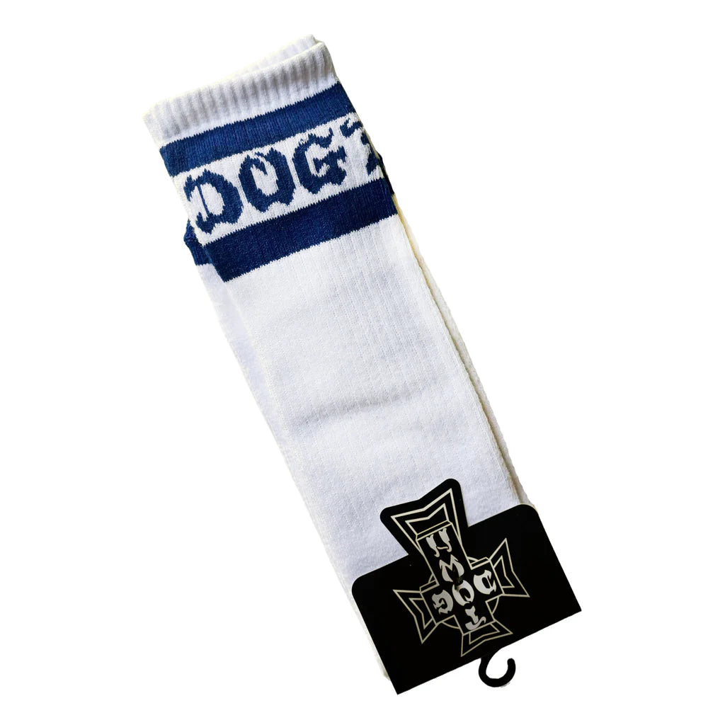 White sock with blue and black design on a white background