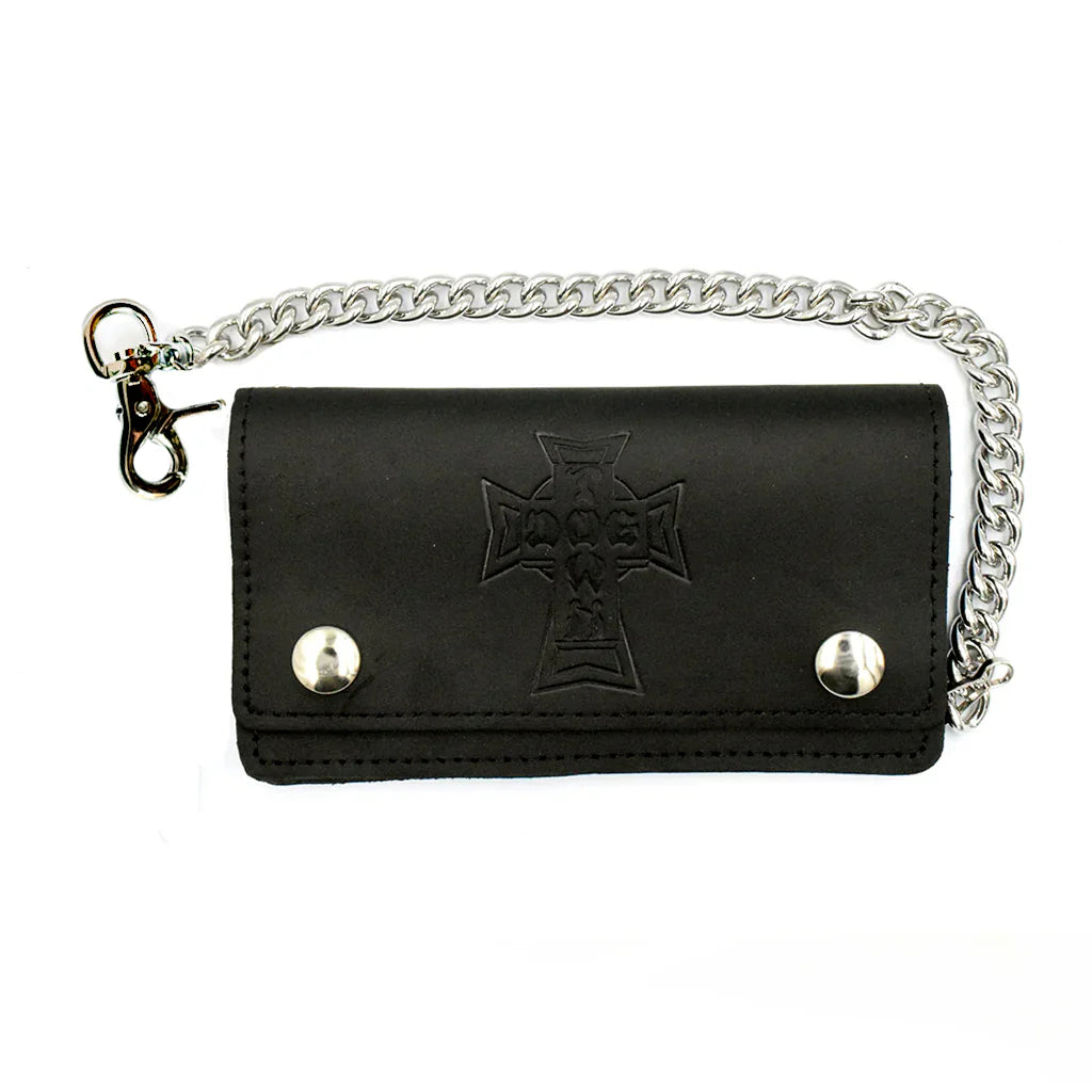 Black leather wallet with chain and cross design on a white background