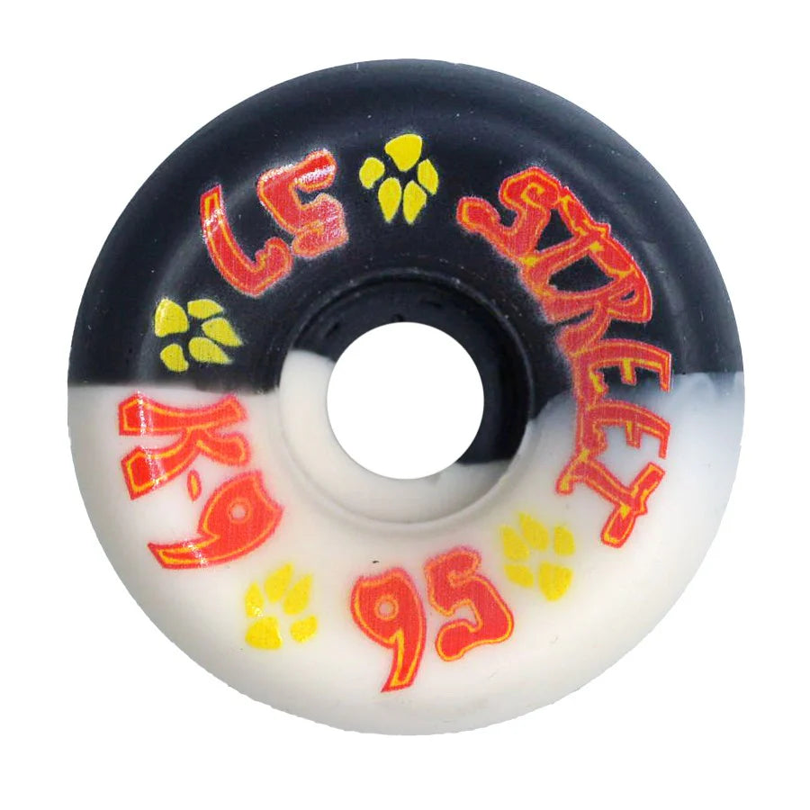 Skateboard wheel with colorful text on a white background