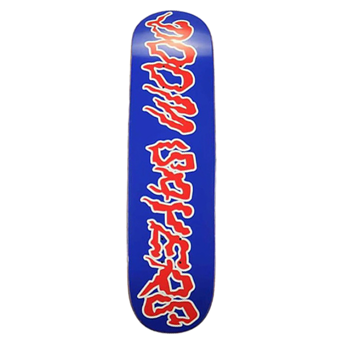 Blue skateboard deck with red and white text on a white background
