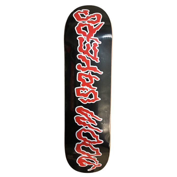 Skateboard deck with red and white design on a black background