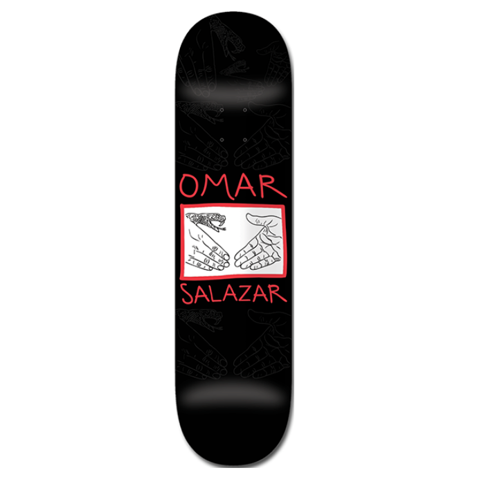 Black skateboard deck with 'Omar Salazar' design on a white background