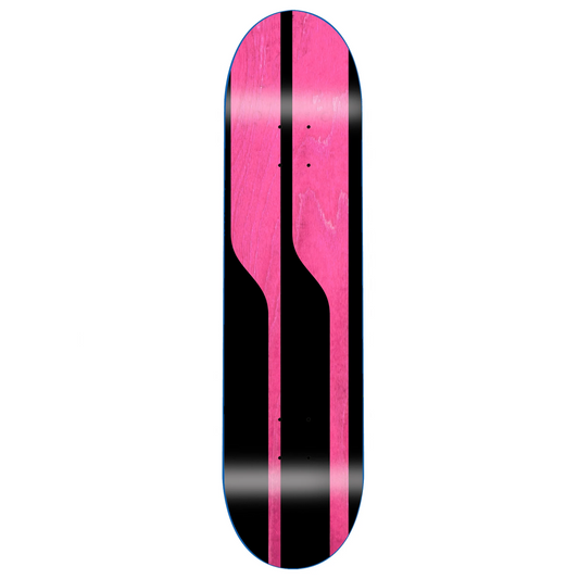 Skateboard deck with pink and black stripe design on a white background