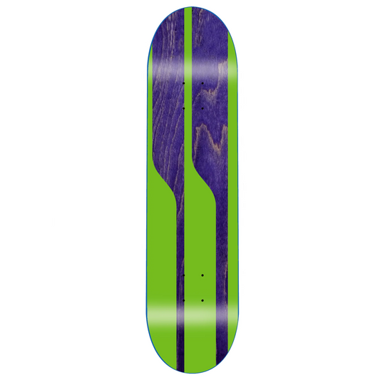 Skateboard deck with purple and green design on a white background