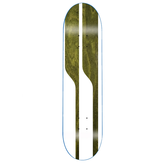 Skateboard deck with a green and white design on a white background
