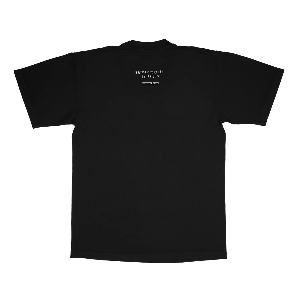 Black t-shirt with white text on the back against a white background
