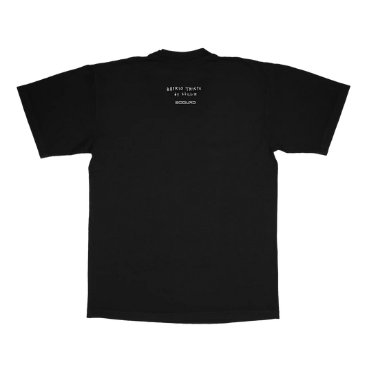 Black t-shirt with white text on the back against a white background