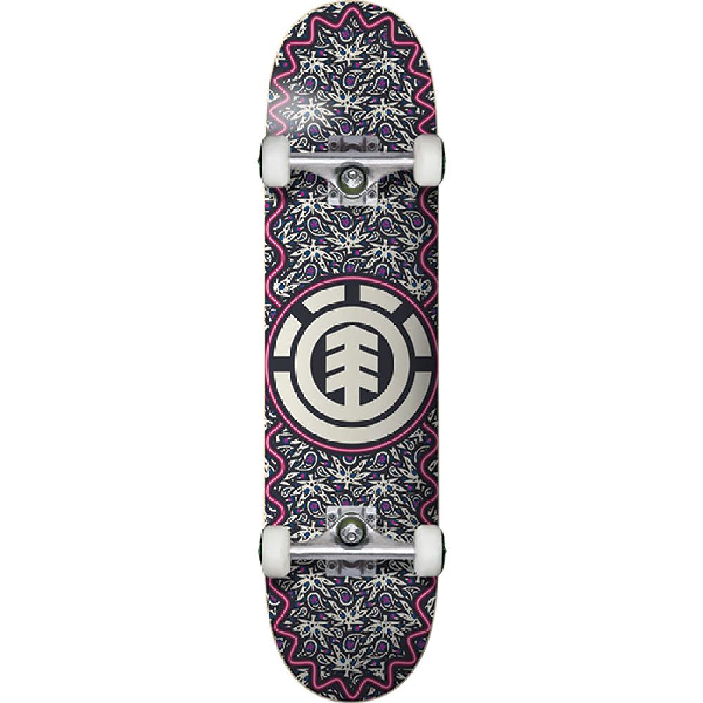 Skateboard with a patterned deck and visible brand logo on a white background