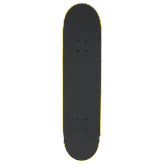A black skateboard deck with a thin yellow edge, shown vertically against a solid white background.