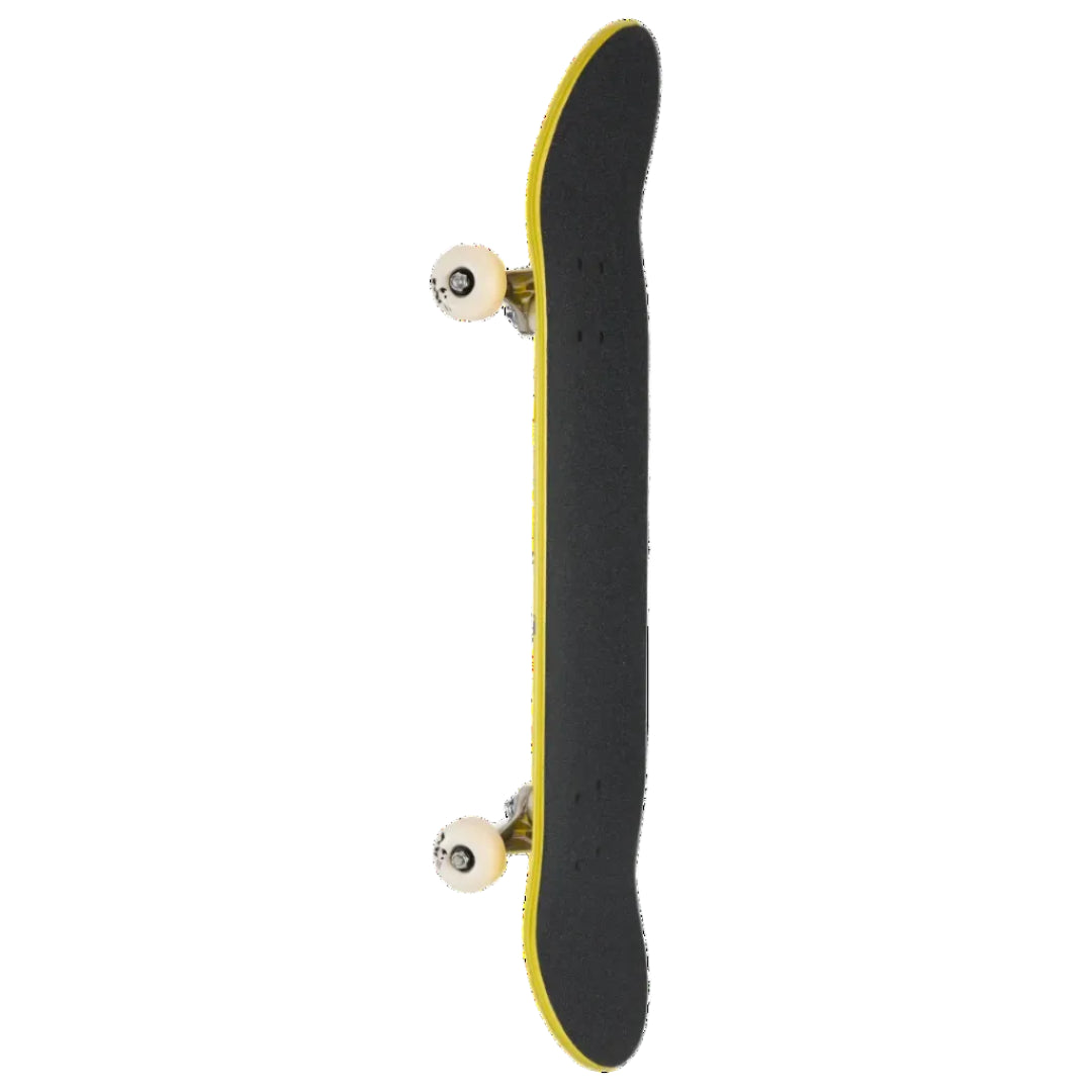 A skateboard shown vertically against a solid white background, featuring a black grip tape deck with a bright yellow edge, white wheels, and gold trucks.
