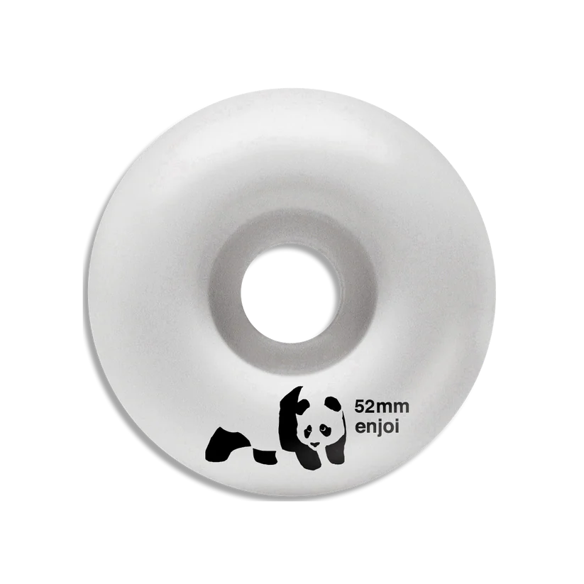White skateboard wheel with panda logo and 'enjoi' branding on a white background
