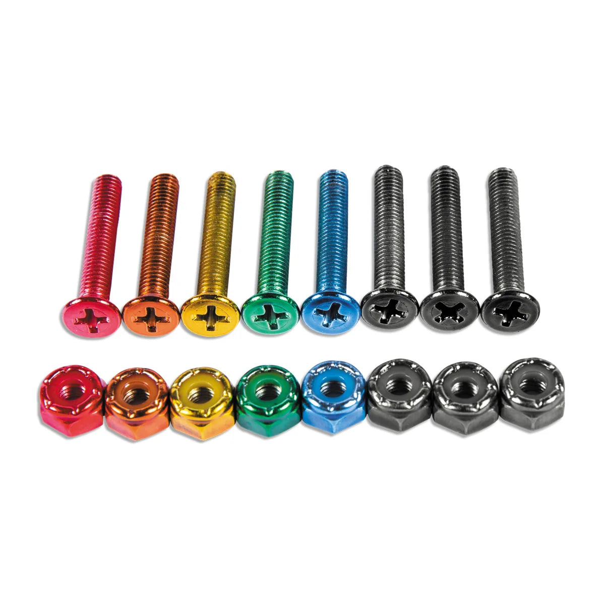 Set of colorful screws and nuts on a white background