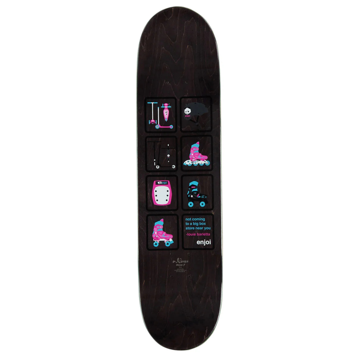 A dark wood skateboard deck featuring a graphic design of six black squares with pink and blue roller skate illustrations and text, including the 'enjol' brand logo near the bottom.