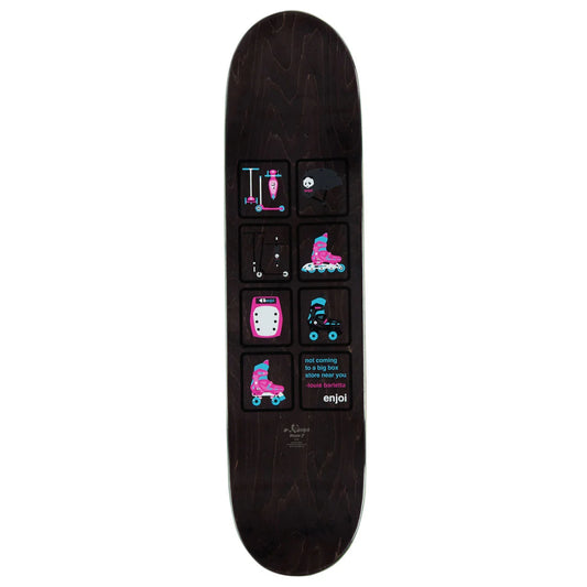 A dark wood skateboard deck featuring a graphic design of six black squares with pink and blue roller skate illustrations and text, including the 'enjol' brand logo near the bottom.