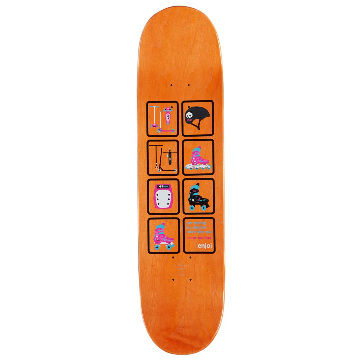 An orange skateboard deck featuring a graphic of six square panels with roller skate illustrations and text, set against a plain white background.