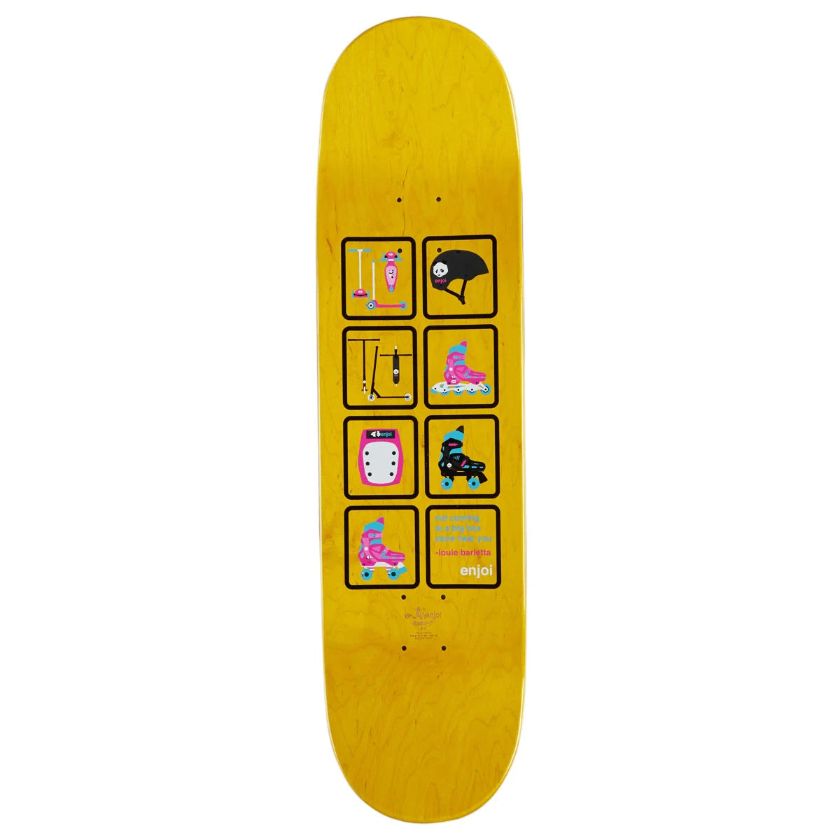 A yellow wooden skateboard deck featuring a vertical column of six black-bordered square graphics with roller skate illustrations in pink, blue, black, and white, on a plain white background.