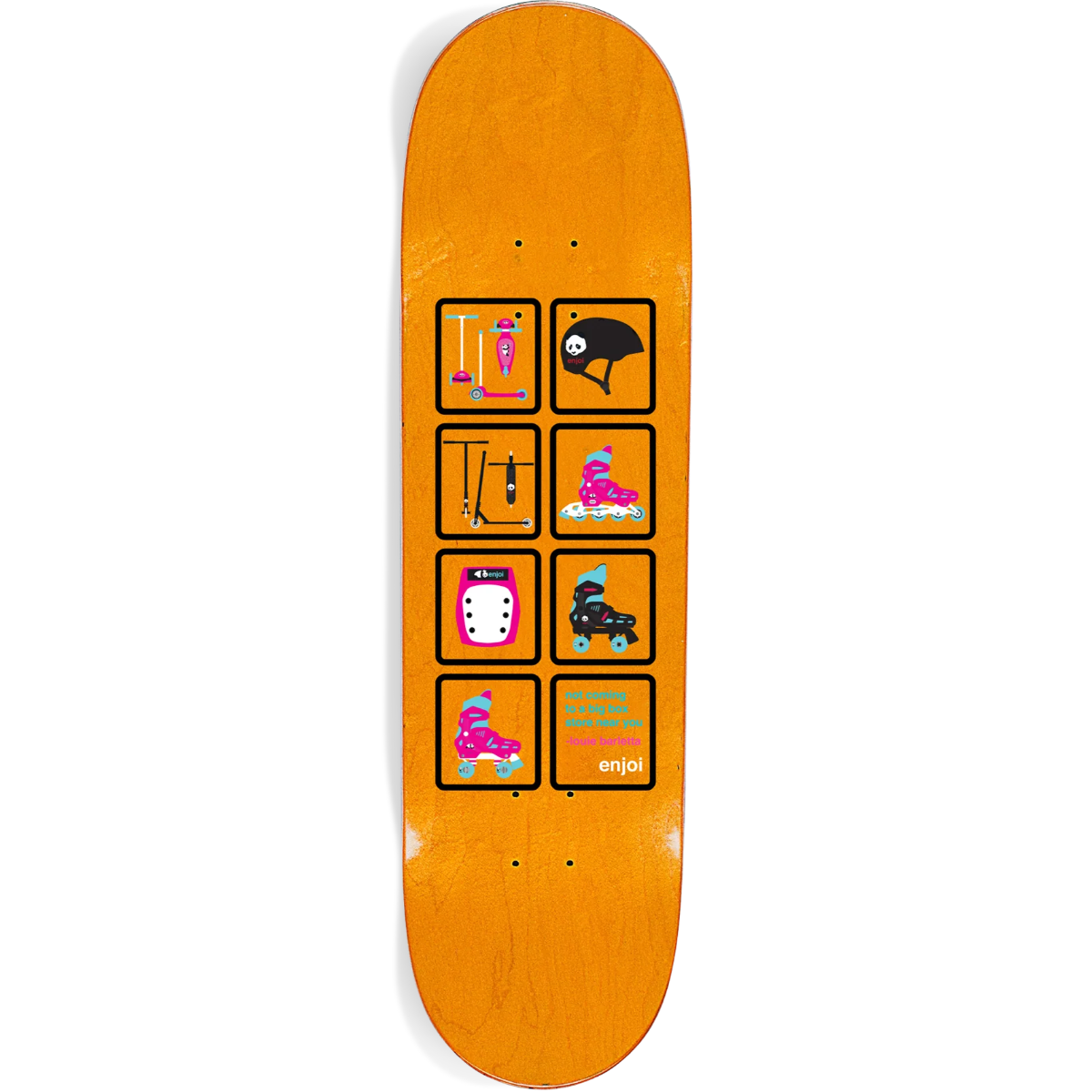 Orange skateboard deck with graphic designs on a white background