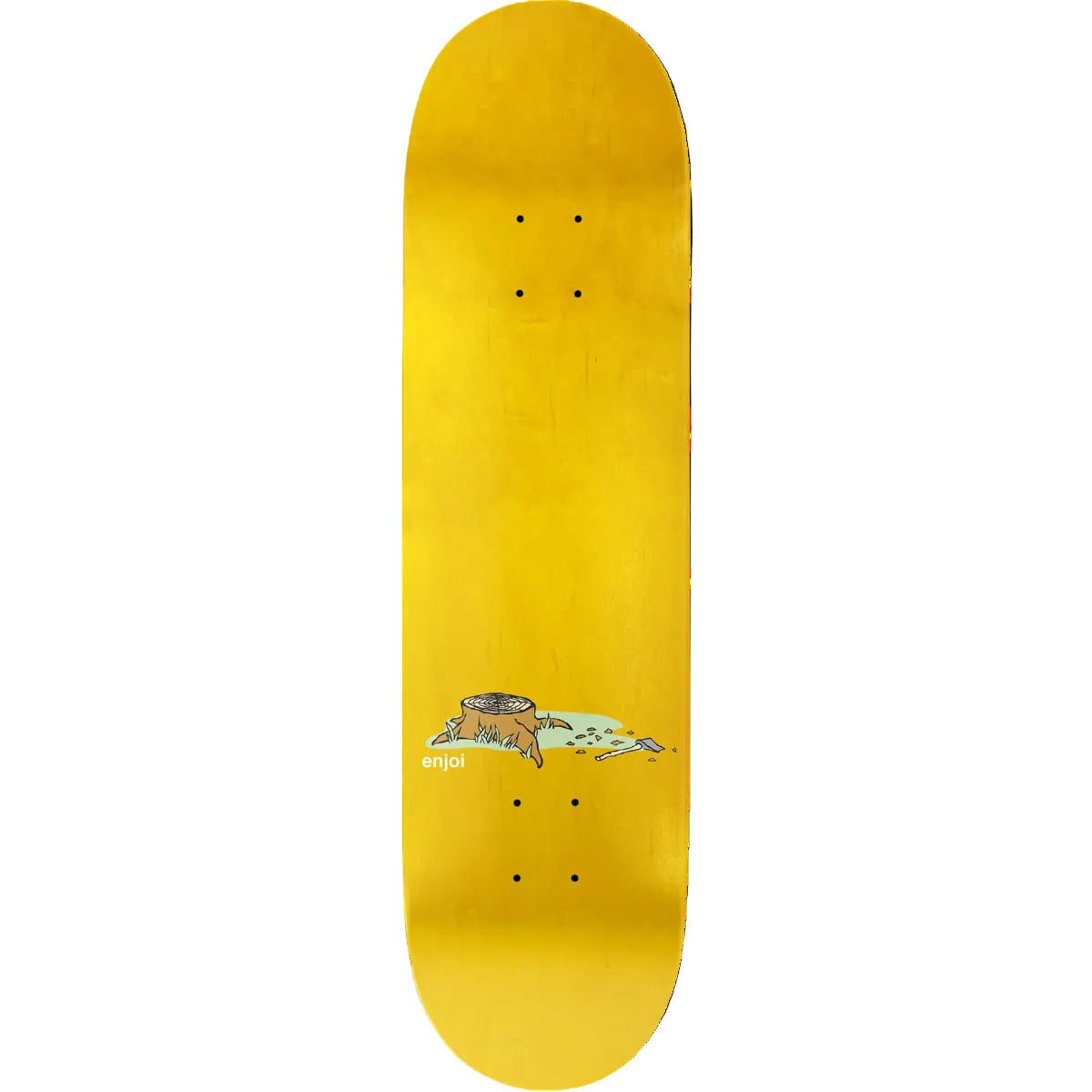 Yellow skateboard deck with a small graphic on a white background