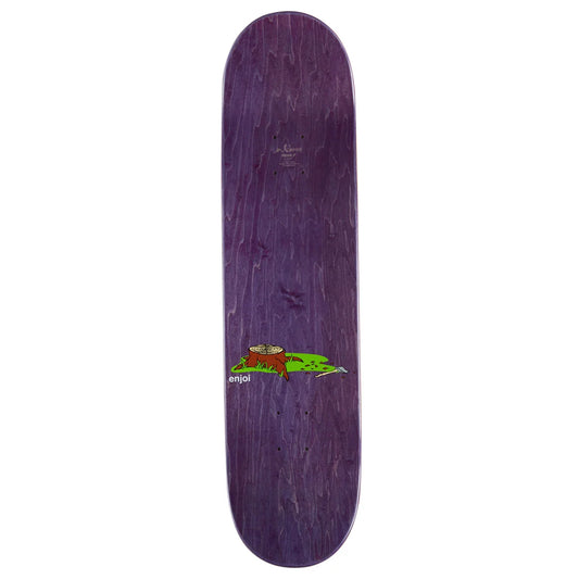 A purple skateboard deck with a small green and brown graphic near the center, shown vertically against a plain white background.