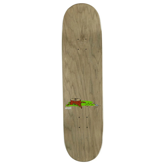 A skateboard deck with a natural wood grain finish and a small graphic near the bottom featuring a red and green tree design, shown against a plain white background.