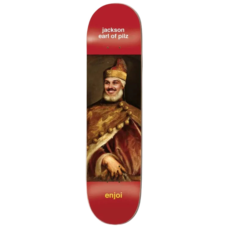 Skateboard deck with a portrait of a man in regal attire and 'enjoi' branding.