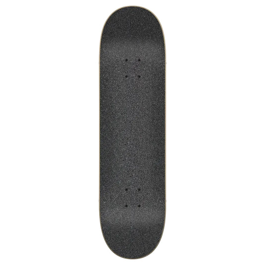 A skateboard deck viewed from the underside, featuring a textured black grip tape surface and a light-colored wood edge, centered on a plain white background.