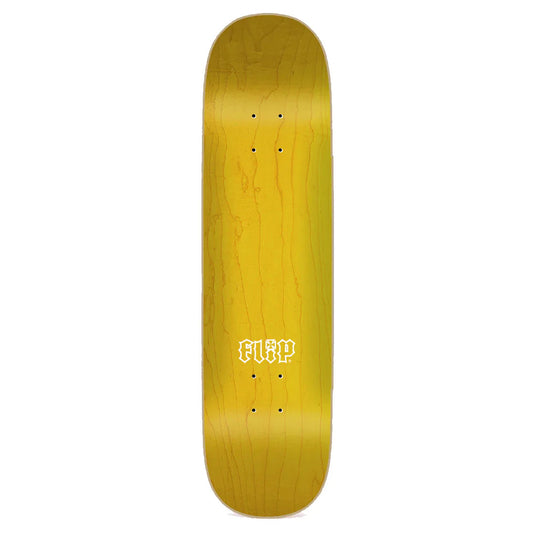 Yellow skateboard deck with 'FLIP' logo on a white background