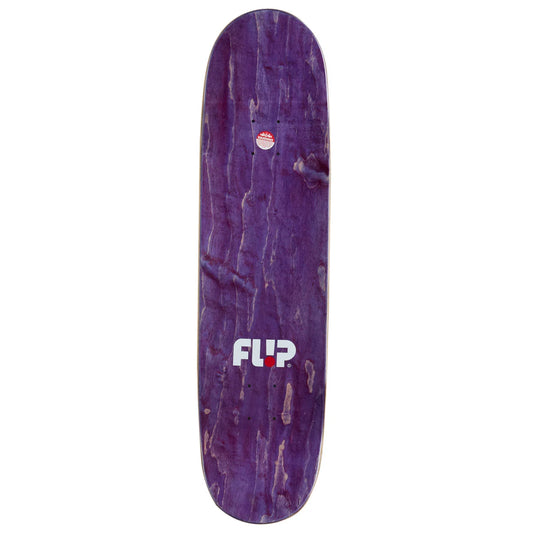 A purple skateboard deck with a natural wood grain pattern and the white and red FLIP logo printed on the bottom, shown against a plain white background.