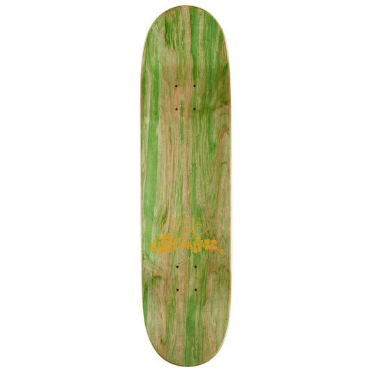 Skateboard deck with green and brown wood grain pattern on a white background