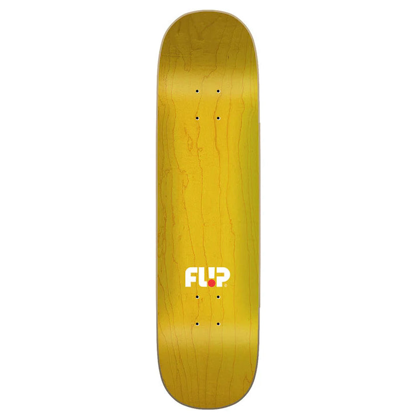 Yellow skateboard deck with 'FLIP' logo on a white background