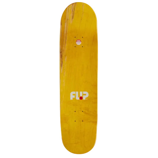 Yellow skateboard deck with 'Flip' logo on a white background