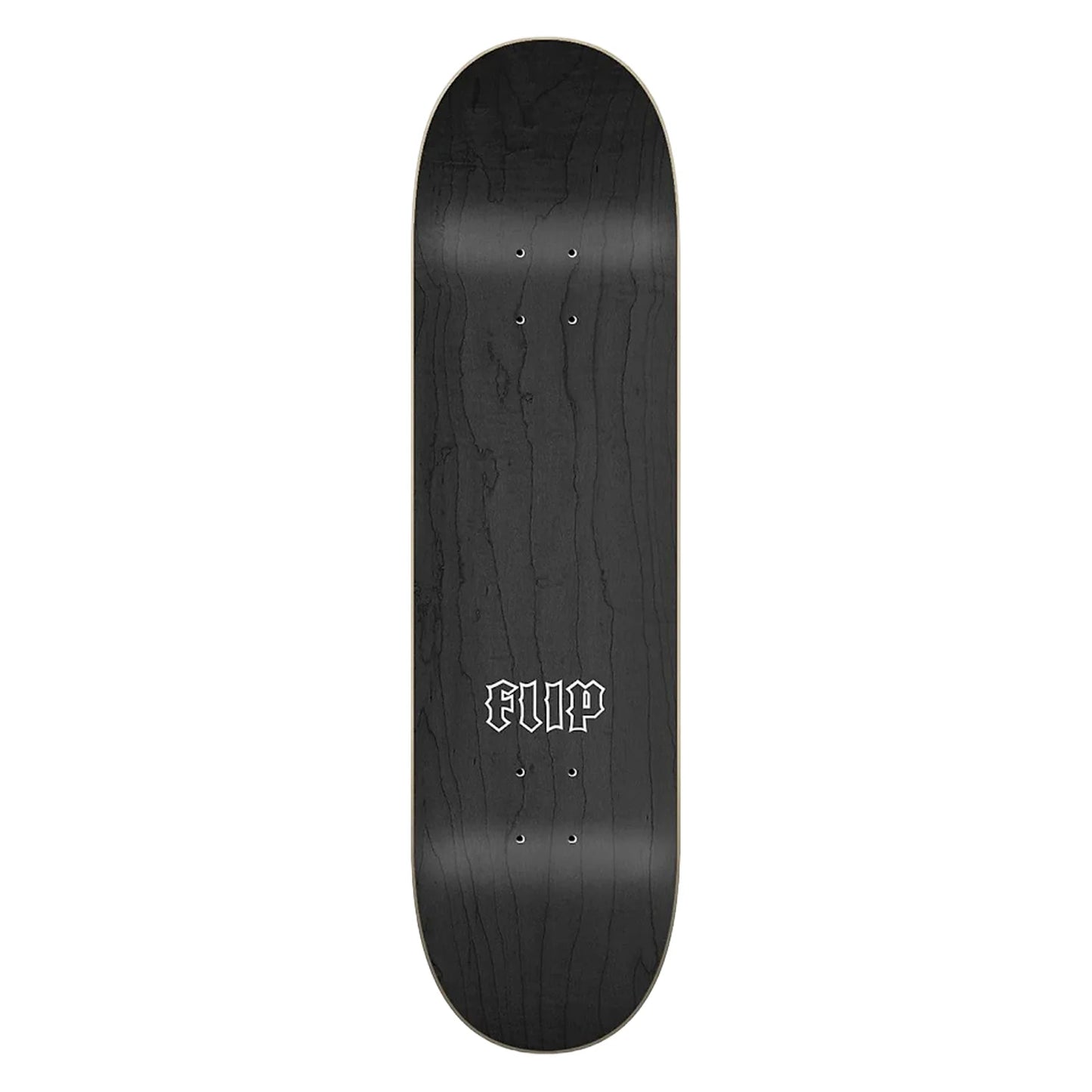 Black skateboard deck with 'FLIP' logo on a white background