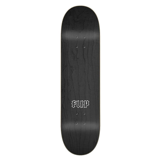 Black skateboard deck with 'FLIP' logo on a white background