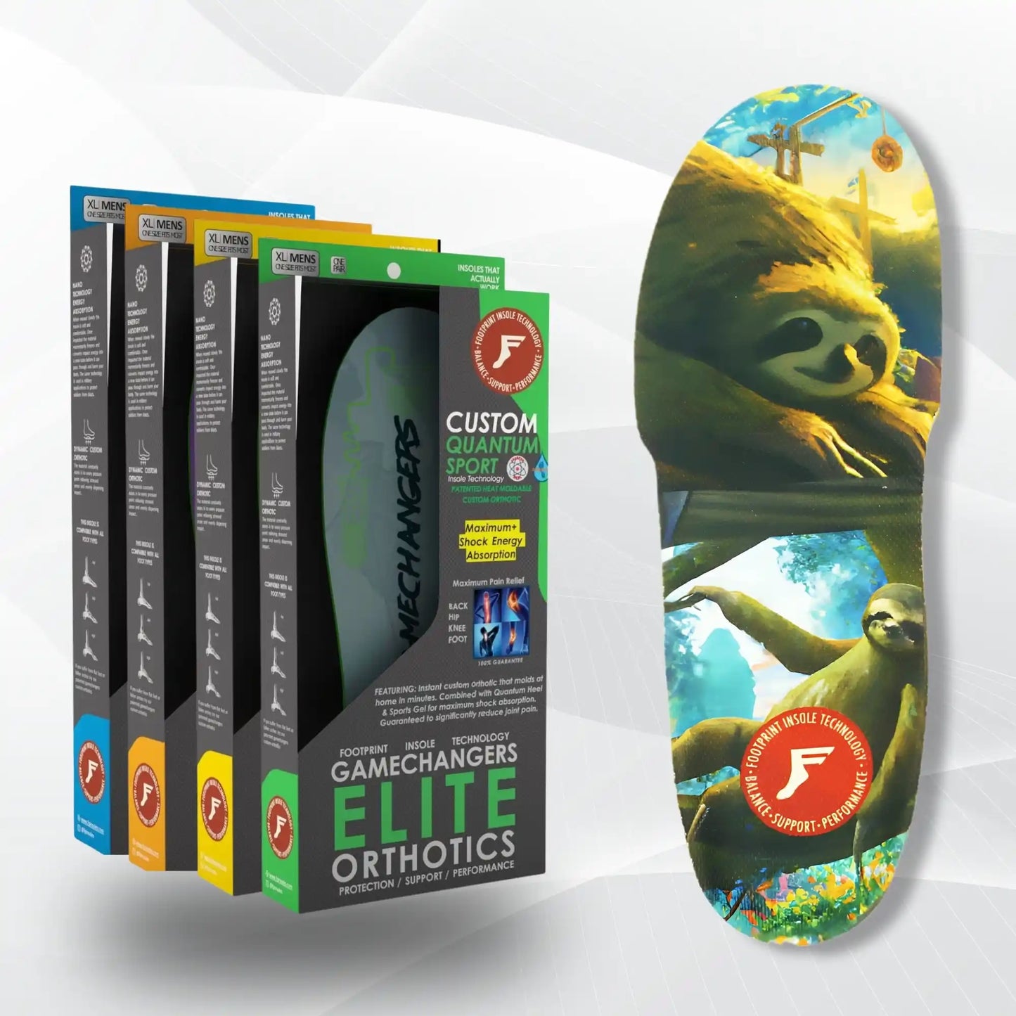 Four GameChangers Elite Orthotics boxes in different color options displayed next to a custom-printed orthotic shoe shown in a forest-themed illustration.