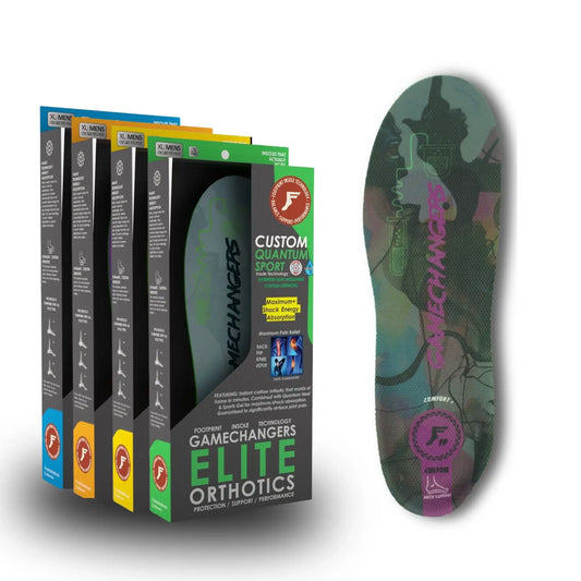 GameChangers elite orthotics packaging and a single orthotic on a white background