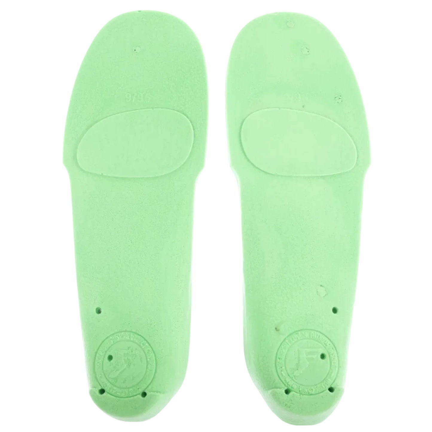 Pair of green shoe insoles on a white background