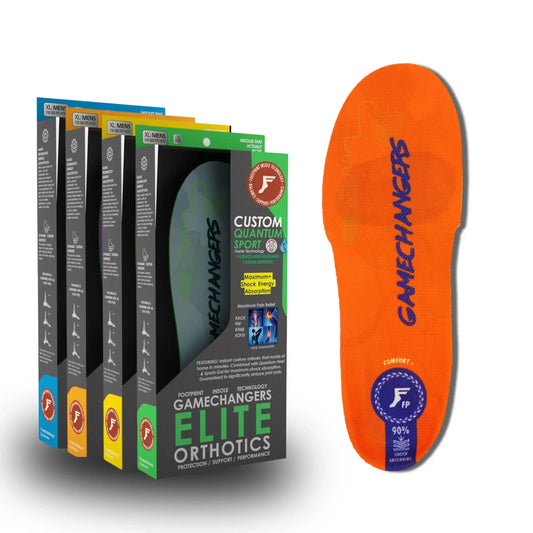 GameChangers elite orthotics packaging and an orange insole on a white background
