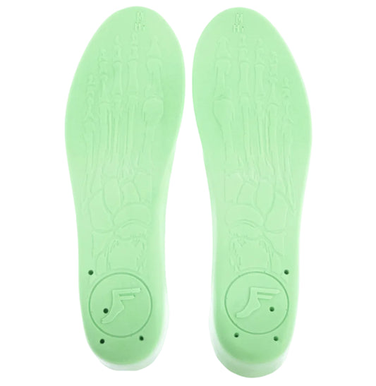 Pair of green shoe insoles with a brand logo on a white background