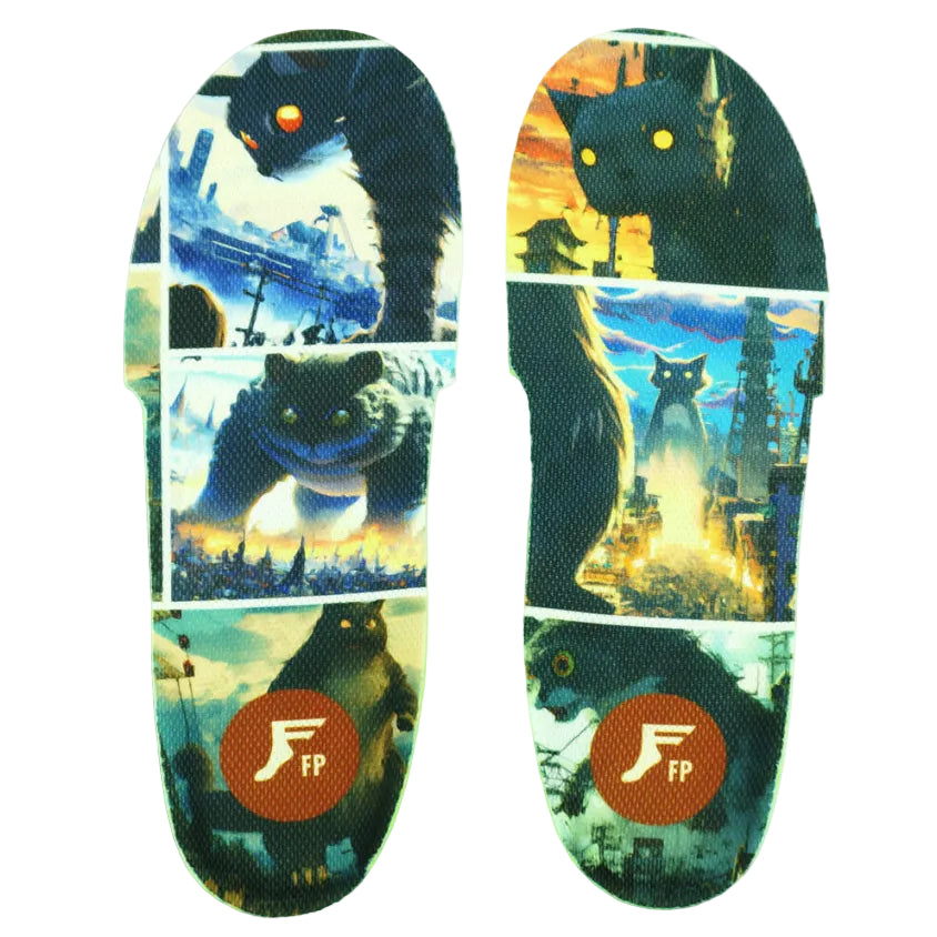 Skateboard deck with a cat-themed design and brand logo on a white background