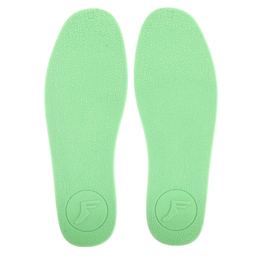 Pair of green shoe insoles with a brand logo on a white background
