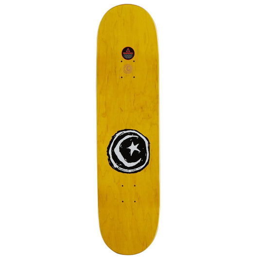 A skateboard deck with a natural yellow wood finish, featuring a black and white crescent moon and star graphic on the bottom. The deck is shown vertically against a solid white background.