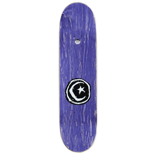 Skateboard deck with a star and moon design on a purple background