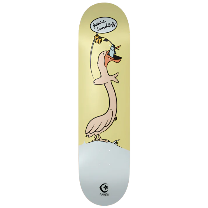 Skateboard deck with a cartoon pelican design on a yellow background