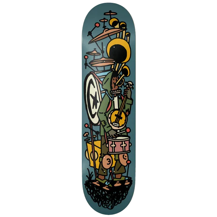 Skateboard deck with artistic design of a person playing drums and other instruments on a white background