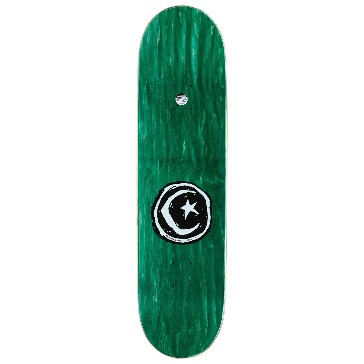 A green skateboard deck with a prominent black and white crescent and star graphic in the center, shown against a plain white background.