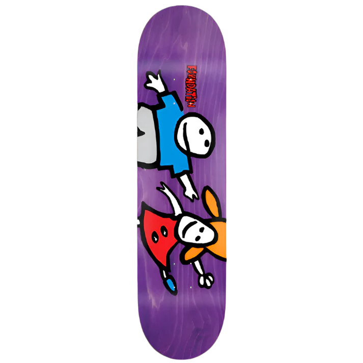 Skateboard deck with cartoon characters on a purple background
