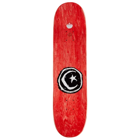 A red skateboard deck with a prominent black and white crescent moon and star graphic in the center, shown against a plain white background.