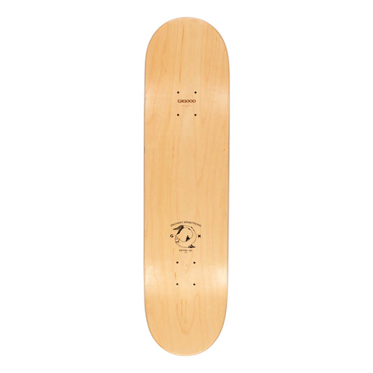 Wooden skateboard deck with branding on a white background
