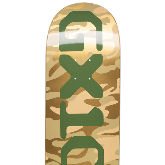 Camouflage-patterned skateboard deck with green logo on a white background