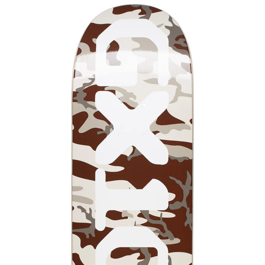 Camouflage-patterned skateboard deck with a white 'X' design on a white background